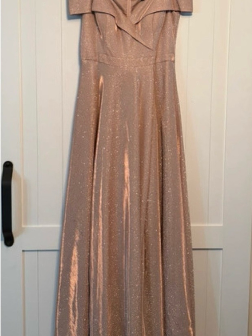 Xscape Champagne Glitter Off-the-Shoulder A-Line Gown - Picture 3 of 5